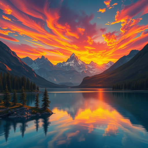 Generate a vibrant illustration of a majestic mountain landscape during sunset with rich colors reflecting on the lake, captured with a Canon EOS R5, 24mm lens, aperture f/8, shutter speed 1/125s, ISO 100, in a wide-angle perspective for enhanced depth and clarity.