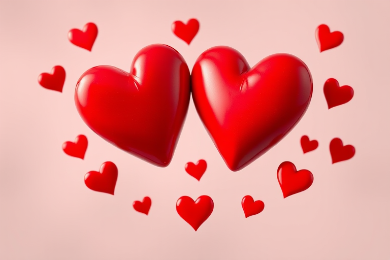 Create an image of two large red hearts surrounded by smaller hearts on a transparent background, using a Canon EOS R5 camera with a 50mm f/1.2 lens at f/2.8, 1/125 sec exposure, ISO 100, in a soft-focus style.