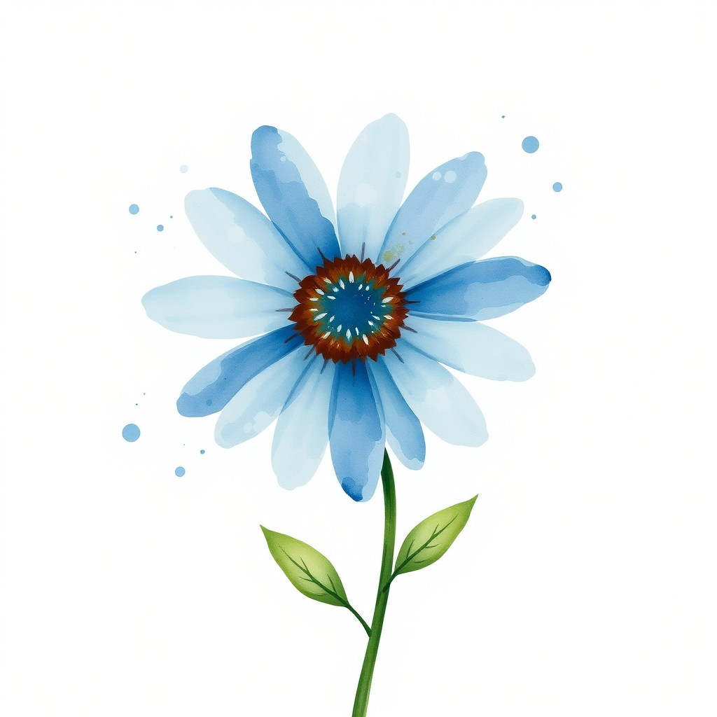 A single blue daisy flower in a loose, whimsical watercolor style. The petals are unevenly spread, with soft blue and brown tones. The stem is thin and slightly curved, with two green leaves, while watercolor splatters create an organic, artistic effect around the flower. The background is light beige with natural watercolor textures and splashes.