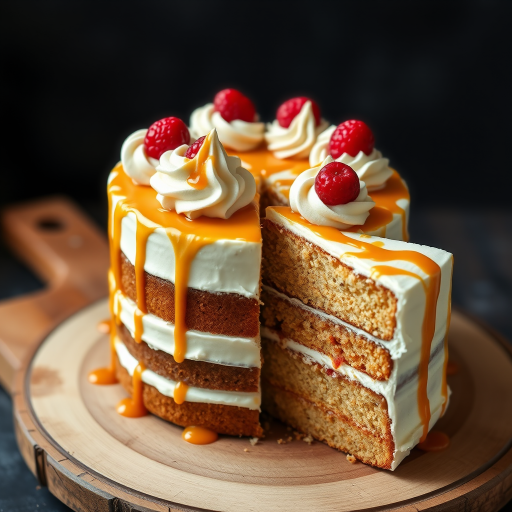 Create an image of a beautifully decorated cake with layers, featuring a smooth cream frosting drizzled with caramel sauce, topped with swirls of frosting and bright red berries for decoration, showing a slice removed to reveal the moist interior and presented on a rustic wooden board.
