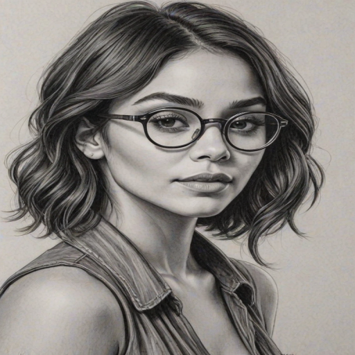 Alluring Vanessa Hudgens, pencil sketch, portrait of Enchanting woman 1923s in glasses, hair style beatnik, outline, clear lines, fine lines, 8k