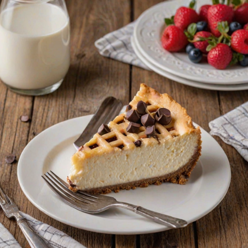 Create an image of a slice of cheesecake with a decorative lattice topping, placed on a white plate with a fork beside it. The cheesecake should have a rich, creamy texture with chocolate chip pieces. In the background, include a small glass bottle of milk. The setting should be warm and inviting, with a rustic wooden table.
