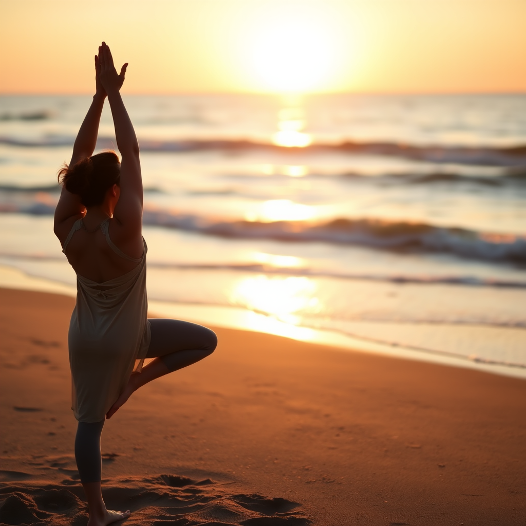 Softly focused image of a woman practicing yoga on a beach at sunrise, soft light from the rising sun casting long shadows on the sand, with the calm ocean waves gently lapping at the shore.