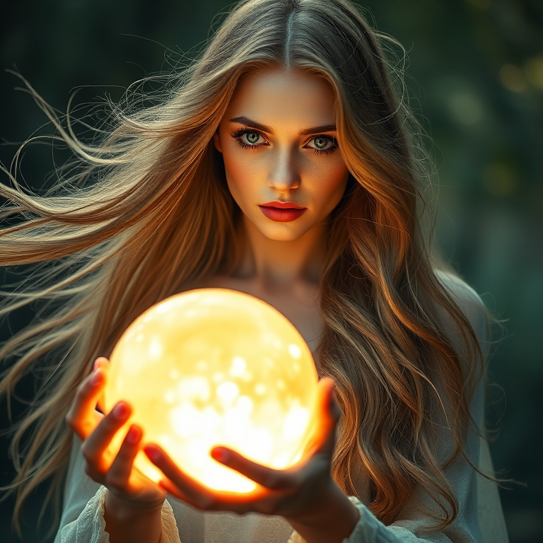 A mystical woman with long, flowing hair holds a glowing crystal ball, soft ethereal lighting, captured with a Canon EOS R5, 50mm lens, f/1.8, ISO 100, with a slight vignette and a dreamy focus effect.