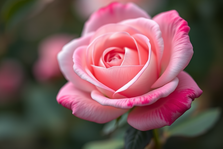 highly detailed close-up of a pink rose with soft focus background, shot with a 50mm lens at f/2.8, ISO 100, natural lighting, shallow depth of field, DSLR camera