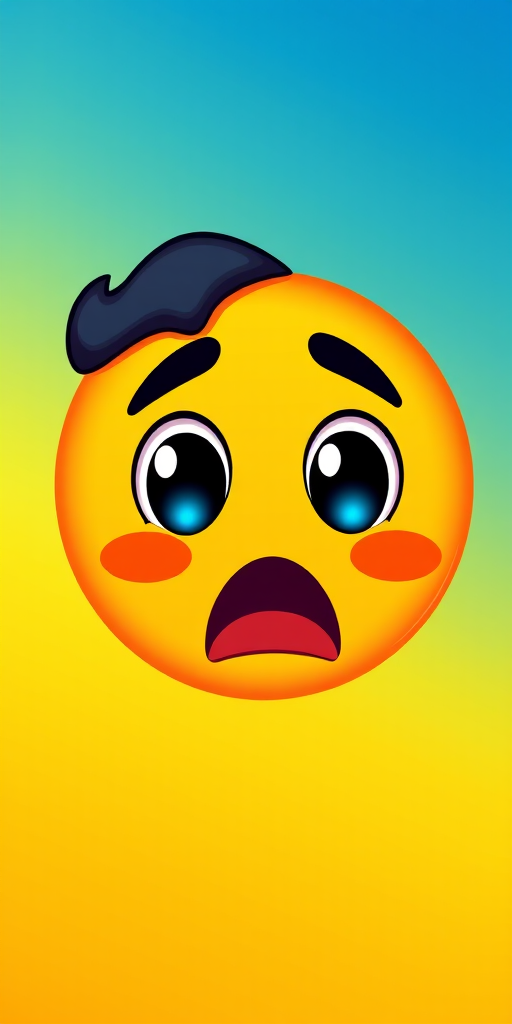 Create a vibrant vector-style illustration of a surprised emoji with a blue and yellow gradient background, using a Canon EOS R5 camera with a 50mm lens, aperture set to f/1.8, ISO 100, and at a focal length of 50mm for sharp detail and rich colors.