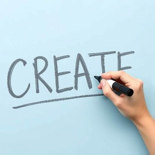 Create a hand holding a black marker writing the word CREATE in bold chalk-like letters on a smooth light blue surface, captured with a DSLR camera at f/2.8, ISO 100, and 50mm focal length from a slightly overhead angle for depth and clarity.