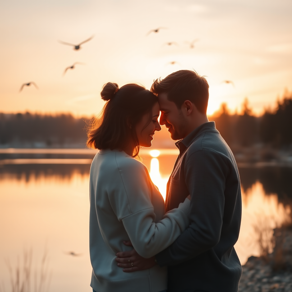 Warm, intimate image of a couple sharing a quiet moment by a lake at sunset, soft golden light reflecting off the water, distant birds flying overhead, and the smell of fresh pine and earth in the air.