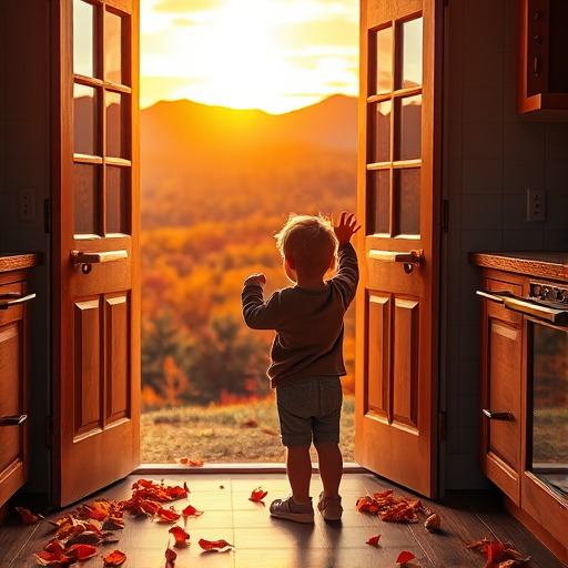 Create a vibrant autumn scene of a young child standing at an open kitchen door, gazing at a breathtaking sunset over a mountainous landscape filled with orange and red foliage, use a DSLR camera, 50mm lens, f/2.8 aperture, ISO 200, shot at golden hour to enhance the warm colors and details in the foreground and background.