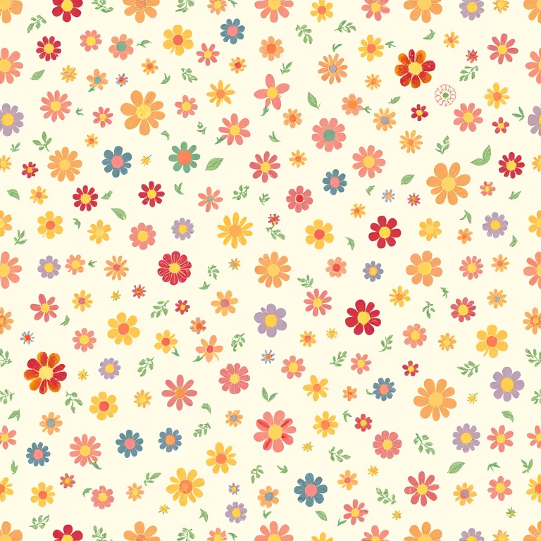 Create a seamless pattern featuring small colorful flowers scattered across a light cream background with a whimsical and cheerful design.