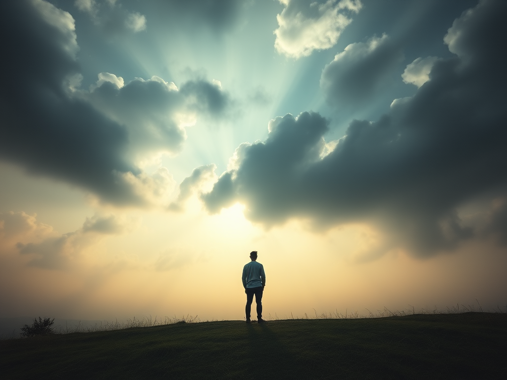 Regenerate the image of a figure standing in a mystical landscape with dramatic clouds and a soft glow, using a DSLR camera with a 35mm lens, aperture f/2.8, shutter speed 1/125s, ISO 100, in a wide-angle view to capture the expansive scenery and enhance depth.