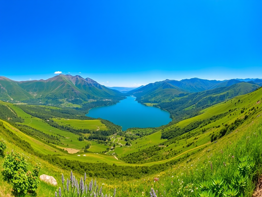 Capture a panoramic view of a lush green valley with a serene lake nestled between mountains under a clear blue sky, using a DSLR camera with a 24mm lens, aperture f/8, ISO 100, and a shutter speed of 1/200 sec to enhance image quality.