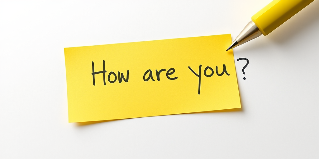 Yellow post-it note, hand written in Yellow pen text "How are you??", 3d, hd, hyper realistic,