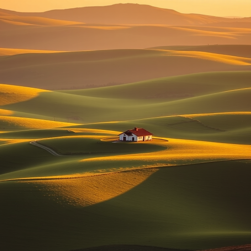 capture a serene landscape of a solitary farmhouse on rolling green hills during golden hour with soft light highlighting the contours of the land, use a DSLR camera with a 50mm lens, aperture f/8, ISO 100, shutter speed 1/125s, shot from a slightly elevated angle for depth and perspective