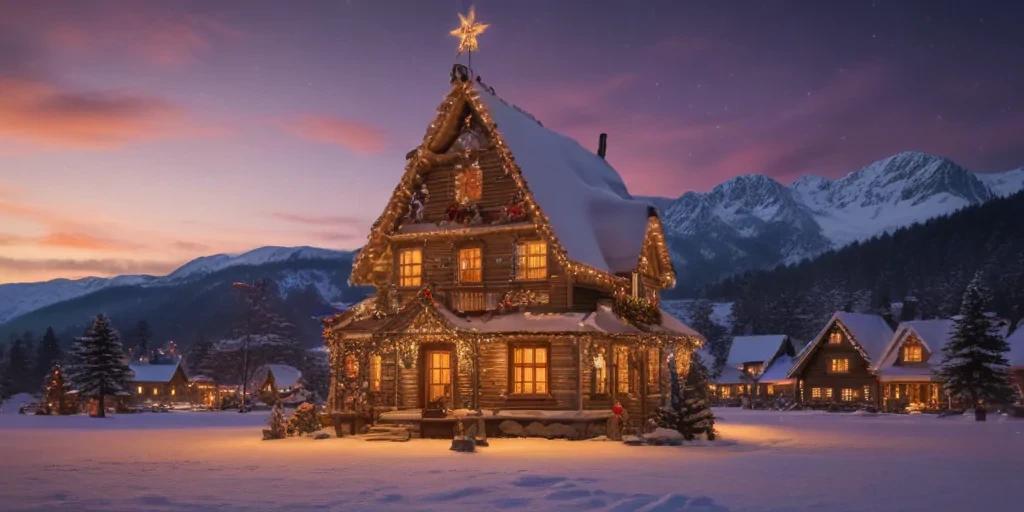 A Cozy Winter Cabin Adorned with Twinkling Lights Under a Starry Sky