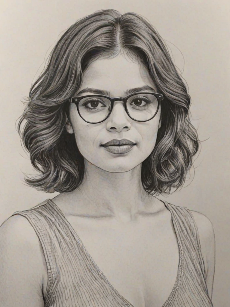 Dazzling Melonie Diaz, pencil sketch, portrait of Dazzling woman 1978s in glasses, hair style beatnik, outline, clear lines, fine lines, 8k