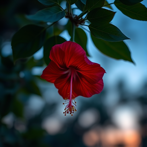 Capture a close-up of a red hibiscus flower hanging down surrounded by dark green leaves, use a DSLR camera with a 50mm lens, aperture set to f/2.8 for shallow depth of field, ISO 100 for clarity, and shoot during twilight to enhance colors and contrast.