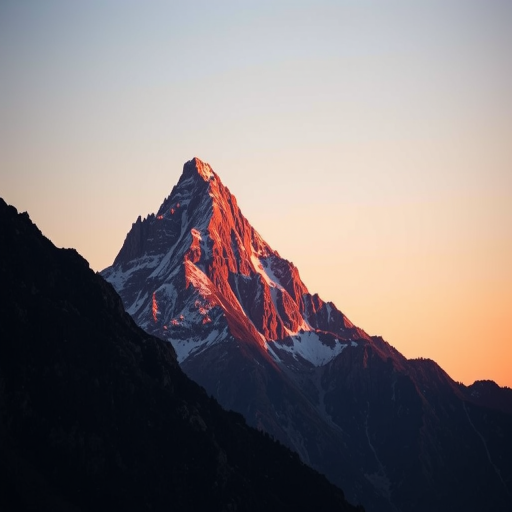 Generate a high-resolution image of a mountain peak in a clear sky during sunset using a DSLR camera with a 50mm lens, aperture set to f/8, ISO 100, and a wide-angle view to capture the vibrant colors and sharp details.