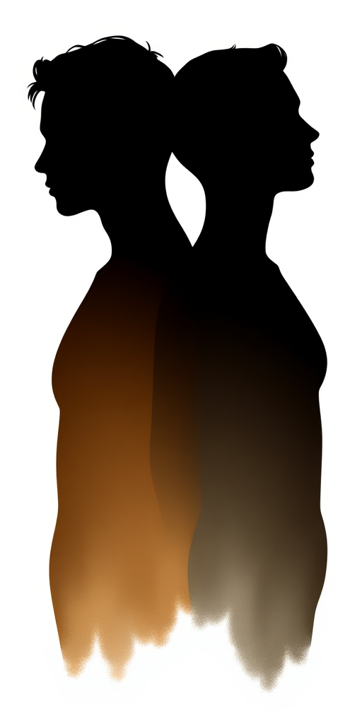 Create an illustration of two human silhouettes back to back, one in black and one in brown, with intertwining necklines, using a high-resolution digital rendering style, shot from a straight-on angle, with soft lighting to enhance the contours, using a professional DSLR camera at f/8 aperture, 50mm lens, ISO 100.