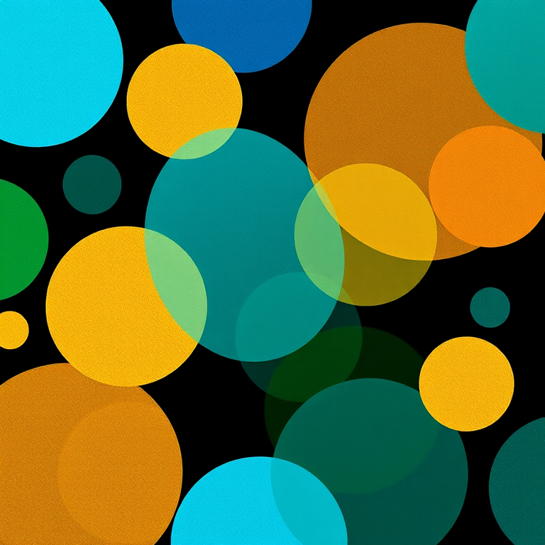 Create an abstract image of overlapping colorful circles in shades of blue, gold, and green on a black background, using a high-resolution digital camera with a 50mm lens at f/8, ISO 100, and a shutter speed of 1/125 sec, capturing a vibrant, detailed composition with a wide-angle view.