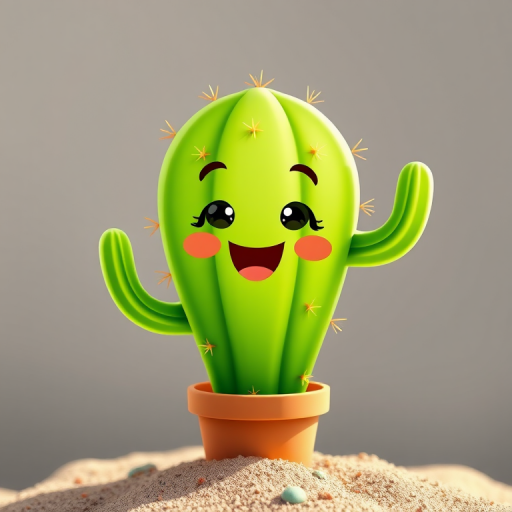 Generate a vibrant illustration of a cartoon cactus character with a playful expression, showcasing bright green colors and a whimsical design, captured with a Canon EOS 5D Mark IV, 24mm lens, f/4 aperture, ISO 100, in soft natural lighting for enhanced quality and detail.