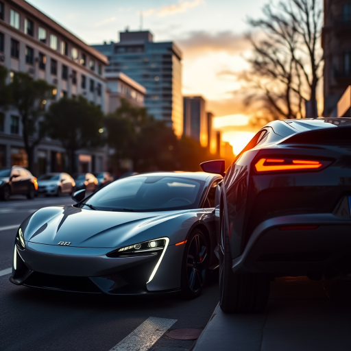 Create a high-resolution image of a sleek modern car parked on a city street at sunset, with a shallow depth of field, using a DSLR camera with a 50mm lens at f/1.8, ISO 200, and a slightly elevated angle.