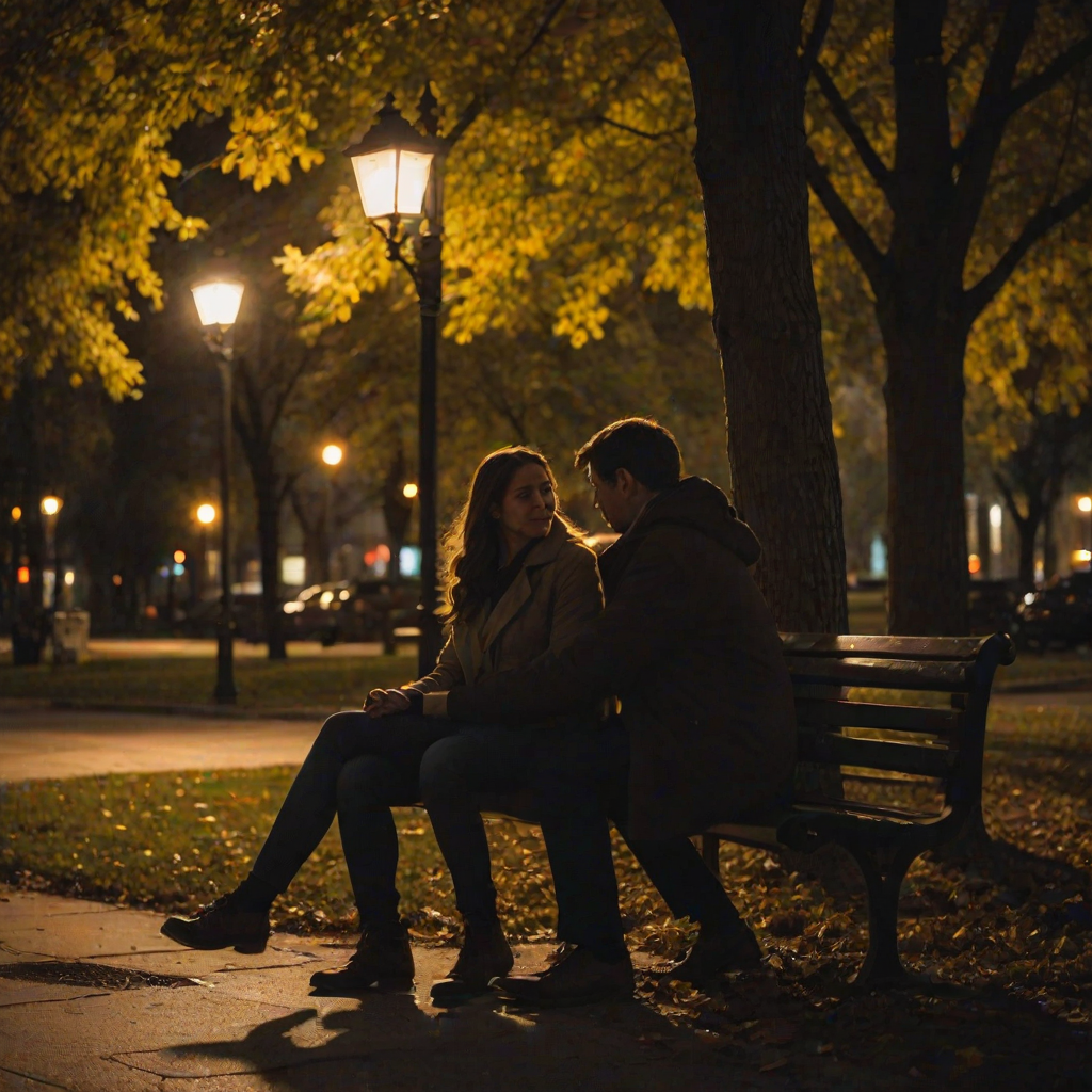 Low-light, intimate photo of a couple sitting together on a park bench at sunset, softly lit by a nearby streetlamp, leaves gently falling around them, their hands intertwined, shadows from the trees surrounding them, a distant city skyline barely visible on the horizon.