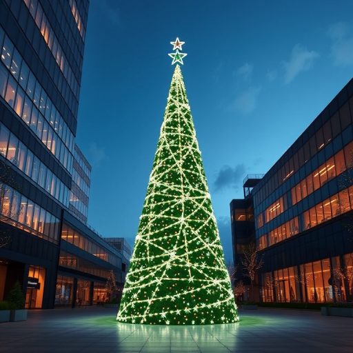 Generate an image of a large, brightly lit Christmas tree with a star on top, set in an outdoor plaza during twilight. The tree should be made of glowing lights arranged in a conical shape, surrounded by modern architecture. The scene should convey a festive and warm atmosphere, emphasizing the tree's height and the twinkling lights.