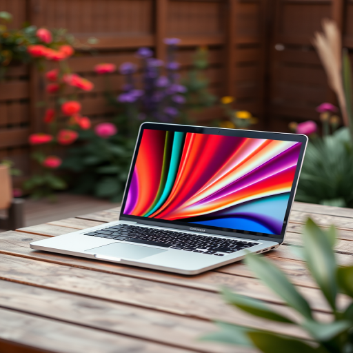 create an image of a laptop on a wooden table in a garden setting with colorful stripes on the screen, capture it with a DSLR camera at f/2.8, 1/125 sec, ISO 100, using a 50mm lens for a shallow depth of field and natural lighting for enhanced image quality
