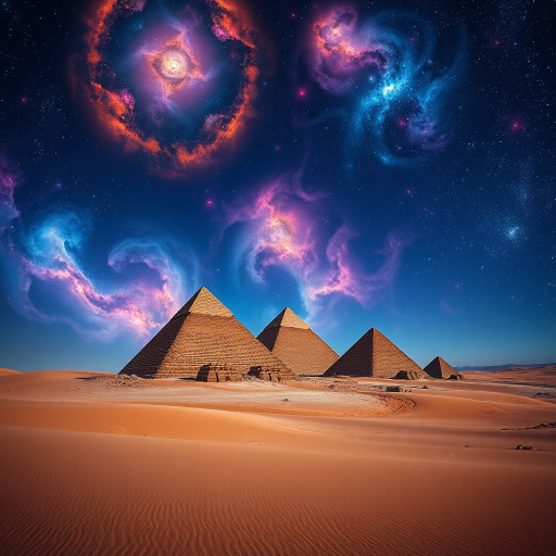 pyramids in a surreal cosmic landscape with swirling galaxies and vibrant nebulae in the background, shot with a Canon EOS R5, 24mm lens, f/8 aperture, ISO 100, HDR style, clear view to enhance detail in the sand and pyramids