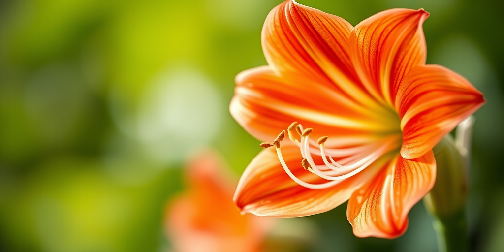 Capture a close-up of an orange striped amaryllis flower with a blurred green background, using a DSLR camera at f/2.8, ISO 100, 1/200s, natural daylight, shallow depth of field.