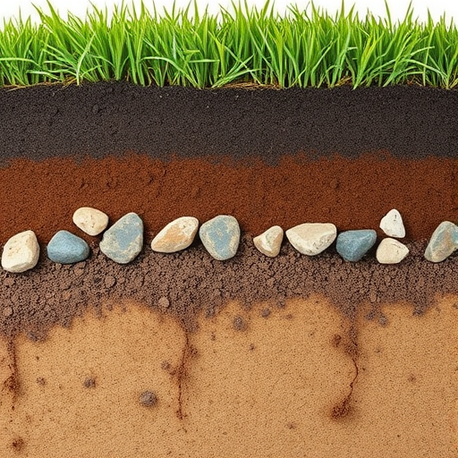 Create a highly detailed cross-section of soil with distinct layers of dirt and rocks, featuring lush green grass on top, photographed with a DSLR camera at f/8 aperture, 1/125 shutter speed, and ISO 200, in a flat lay view with natural lighting to enhance texture and depth.