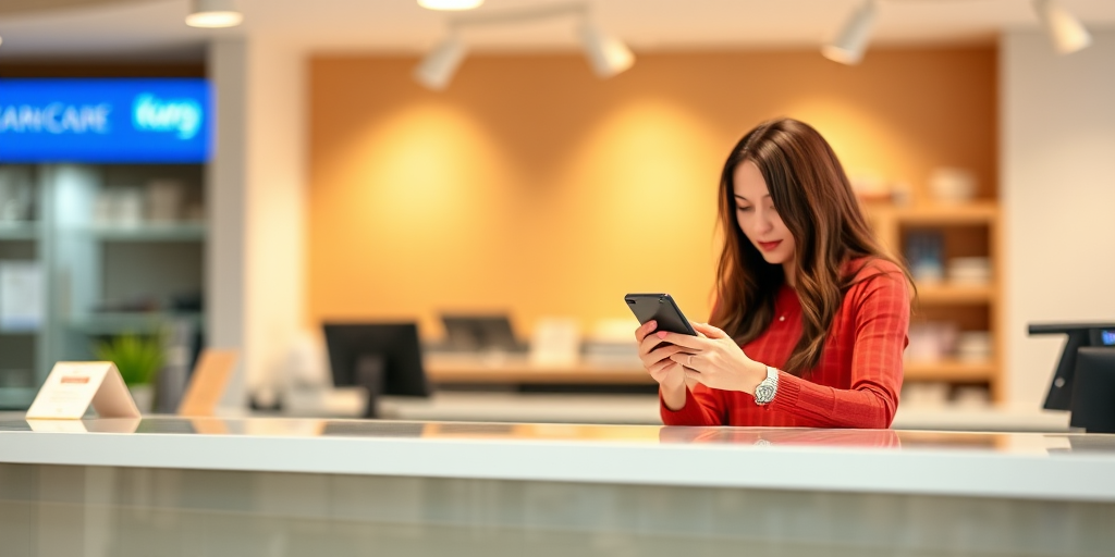 Create a high-quality vector image of two people at a counter, one holding a smartphone, with a clear focus and soft background, shot with a DSLR camera at f/2.8, ISO 100, and a 50mm lens for depth of field.