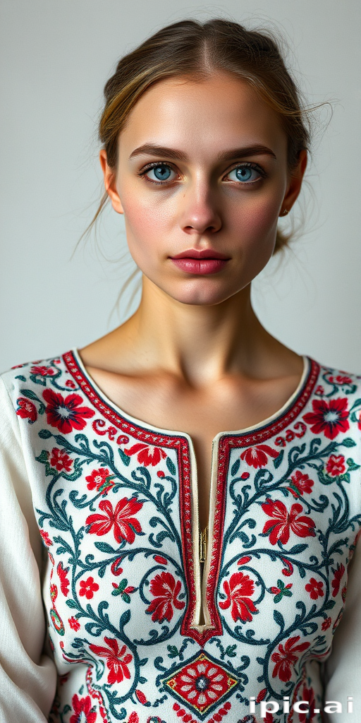 Face, shoulders, chest covered in openwork Ukrainian embroidery. Raw, unedited image.