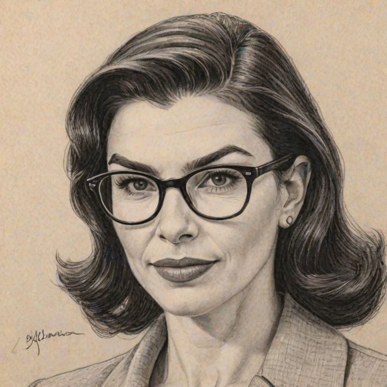 Sublime Julianna Margulies, pencil sketch, portrait of Lovely woman 1954s in glasses, hair style beatnik, outline, clear lines, fine lines, 8k