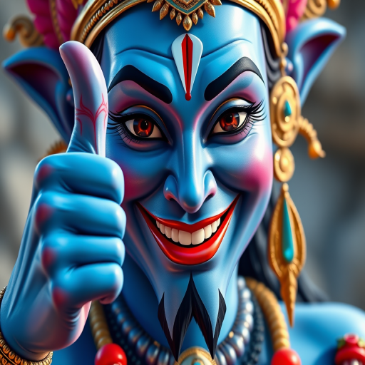 Create a vibrant digital illustration of a smiling blue-skinned deity giving a thumbs up, depicting intricate details in the jewelry and facial features, use a Canon EOS 5D Mark IV camera, 50mm lens, f/2.8 aperture, 1/125 shutter speed, natural lighting for enhanced clarity and richness of color.