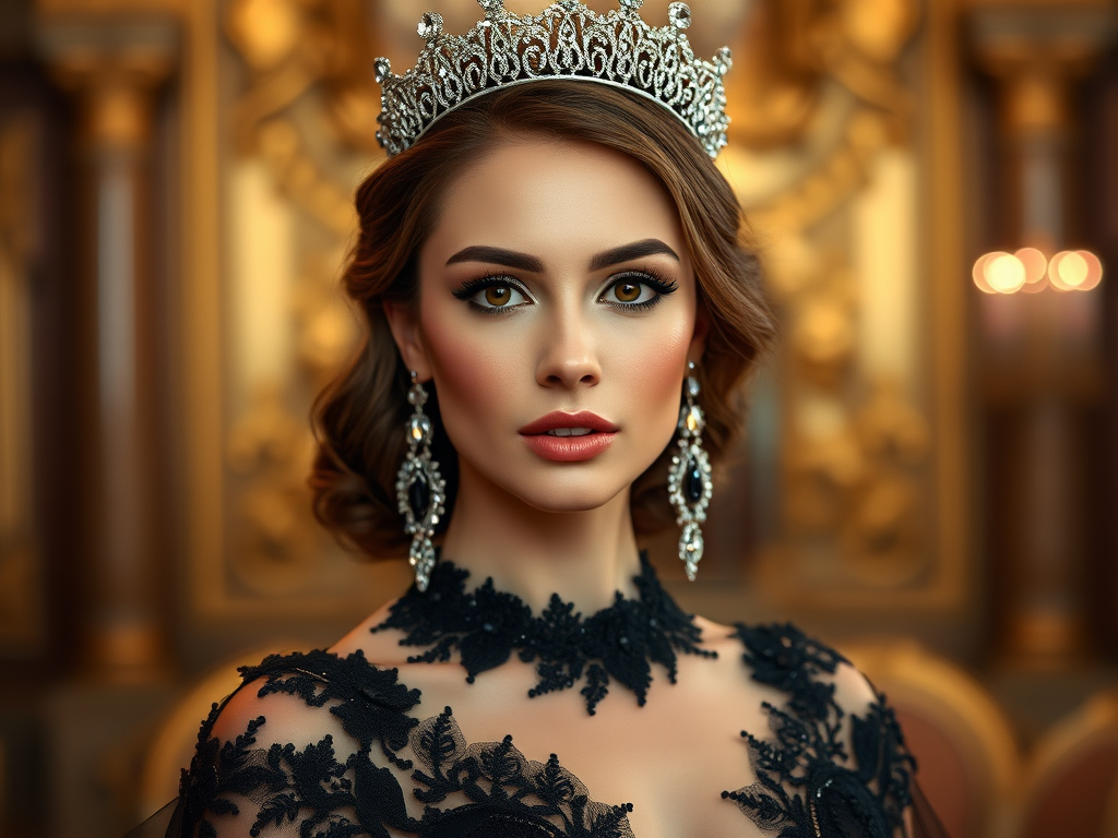 A gorgeous Caucasian woman in a luxurious black gown, accessorized with a dazzling tiara and statement earrings, her deep brown eyes highlighted by impeccable makeup, poised in a royal setting, photorealistic, 8K quality