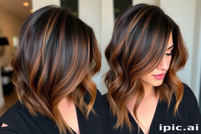 Luscious chocolate brown locks styled in a sleek asymmetrical lob, accented with caramel babylights, exuding warmth and sophistication, titled "Mocha Whisper"