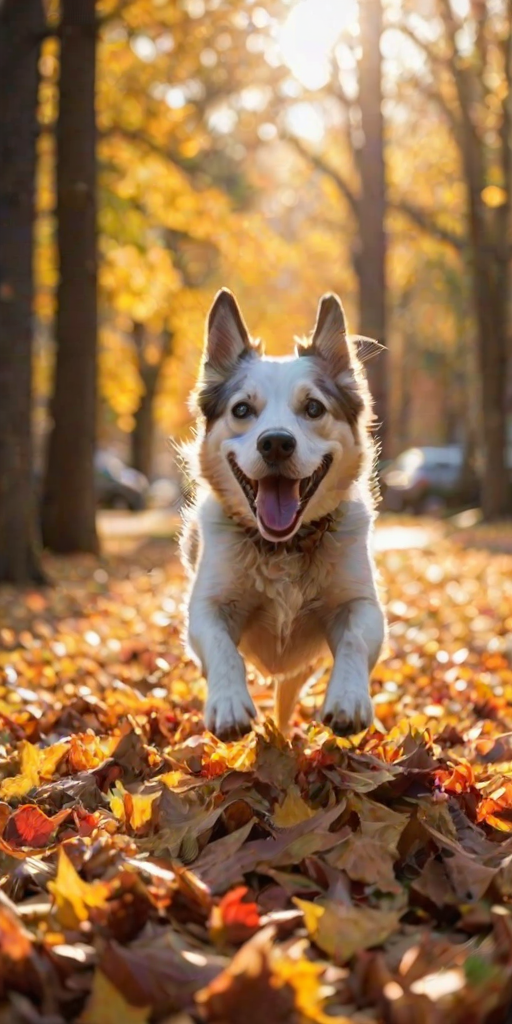 Blurry candid shot of a dog joyfully jumping into a pile of autumn leaves, with warm sunlight filtering through the trees and colorful leaves floating gently in the air.
