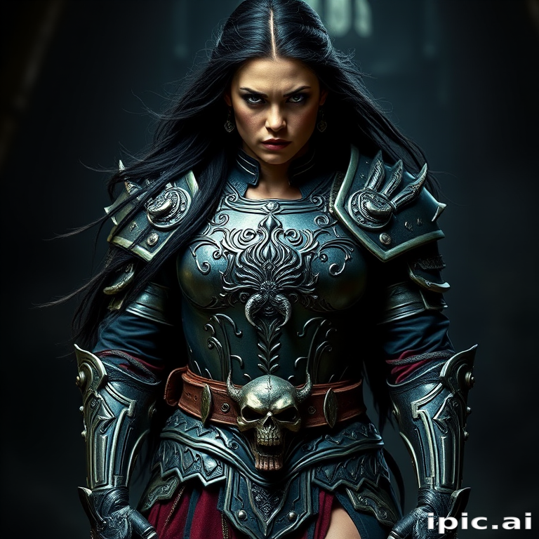 Create a photo of a fierce female warrior with long black hair, wearing an ornate, metallic armor. The armor includes a breastplate with intricate designs, shoulder guards, and gauntlets. The breastplate is decorated with a central emblem, possibly representing a mythical symbol, and has a sculpted, form-fitting design. She wears a belt with a large skull ornament at the center, and her armor extends into a partial skirt, revealing one leg. The overall look is both protective and stylish, with a dark, gothic aesthetic. The background is dimly lit, suggesting a medieval or fantasy setting, enhancing the warrior's imposing presence and intense expression.
