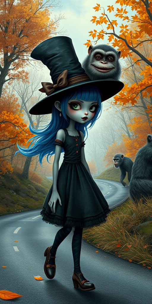 digital art fantasy depicting a strange girl with blue hair, long eyelashes, black lipstick and a tall hat walking along a winding road on an autumn afternoon, an Ape smiles as she passes