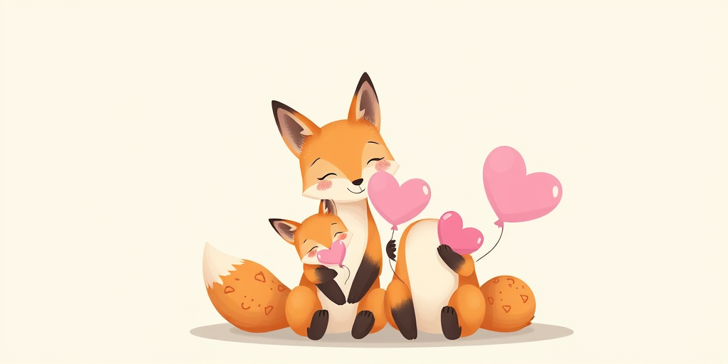 Create a playful illustration of a mother and baby fox sitting together, both holding pink heart-shaped balloons, with a soft pastel color palette, in a whimsical cartoon style, shot with a digital camera at f/2.8 aperture, 50mm lens, daylight setting, with a shallow depth of field for a dreamy effect.