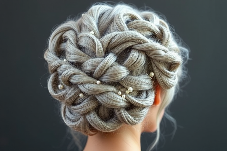 Silvery gray hair fashioned into an elaborate updo named "Moonlit Sonata," features intricate twists, braids, and curls woven together to create a stunning sculptural effect, adorned with delicate pearl pins for added elegance