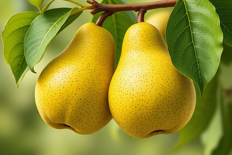 Regenerate a high-quality botanical illustration of two green pears hanging from a branch with detailed leaves, using a DSLR camera with a 50mm lens, f/2.8 aperture, ISO 100, natural light, and a macro photography style to emphasize texture and detail.