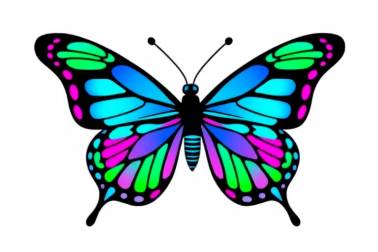 Generate an image of a butterfly with vibrant colors including blue, pink, and green. The wings should have intricate patterns and a black outline, creating a striking contrast. The background should be simple to highlight the butterfly's colors and design.
