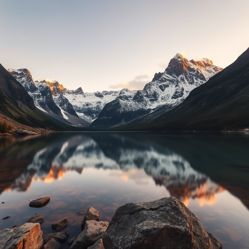 stunning mountain landscape with a calm lake reflecting the snow-capped peaks, golden hour lighting, captured with a Canon EOS 5D Mark IV, 24mm lens, f/11, ISO 100, 1/125 sec, HDR style, shot from a low angle to emphasize the depth of the scene