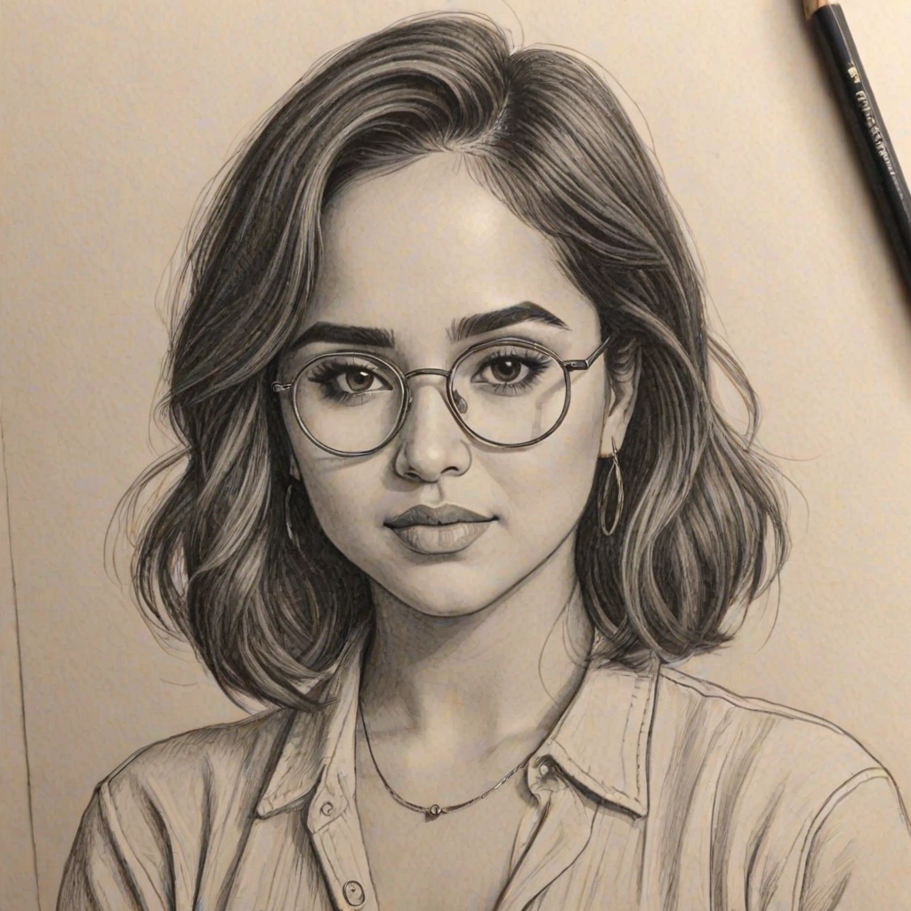 Bewitching Becky G, pencil sketch, portrait of Pleasing woman 1938s in glasses, hair style beatnik, outline, clear lines, fine lines, 8k
