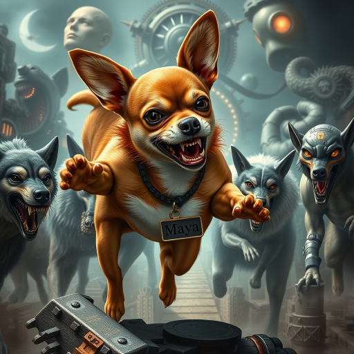 "Create a highly detailed and realistic image of a short-haired Chihuahua named Maya in an extremely fierce and enraged warrior pose. She is battling a pack of wolves and an alien creature, fighting for her life and the life of her owner. The Chihuahua should have a wild and aggressive appearance, with bared teeth and fierce eyes, showcasing her determination despite the overwhelming odds. She should have a distinct white patch on her chest, while the rest of her fur should be brown. A large tag with the name 'Maya' should be prominently displayed around her neck. The background should feature a sci-fi and steampunk style, filled with futuristic mechanical elements and Victorian technology, blending an urban landscape with fantastical details such as gears and steam."