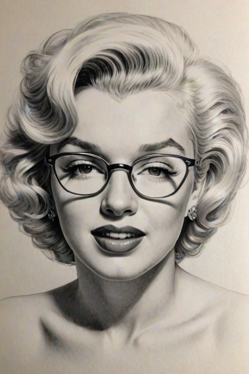 Magnificent Marilyn Monroe, pencil sketch, portrait of Delightful woman 1947s in glasses, hair style beatnik, outline, clear lines, fine lines, 8k