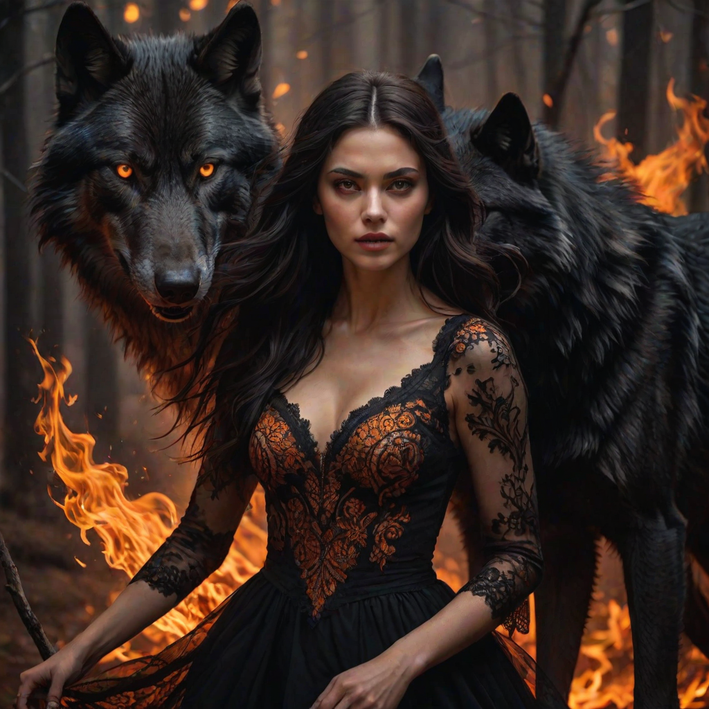 A woman with long dark hair, wearing a black lace dress that seamlessly blends into her skin with intricate floral patterns. She is in the foreground, with a black wolf beside her; its fur is midnight black, and it has glowing, intense, orange eyes that match hers. Her eyes are partially closed with burning embers above them, giving a fiery and mystical aura. The background is engulfed in tall, roaring flames, contributing to an overall dark and supernatural atmosphere. The colors are intense, predominantly black, fiery orange, and deep reds, with sharp contrast highlighting the mysterious and fierce theme. The flames are bright and dynamic, casting dramatic light and shadow, illuminating the woman and wolf while leaving parts in near darkness. The image evokes a sense of otherworldly power and connection between the woman and the wolf.